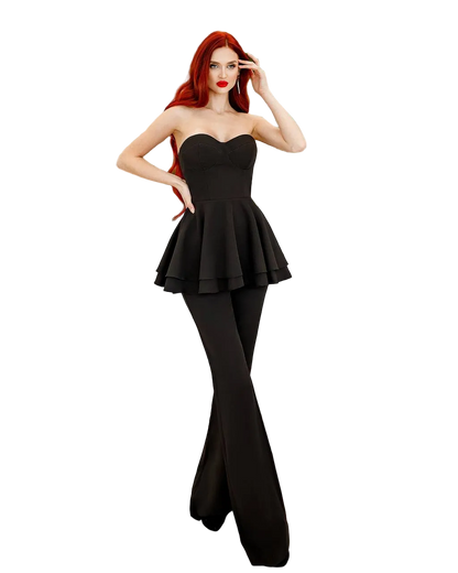 Black Strapless Peplum Top and Flared Trousers Suit Crepe Diagonal