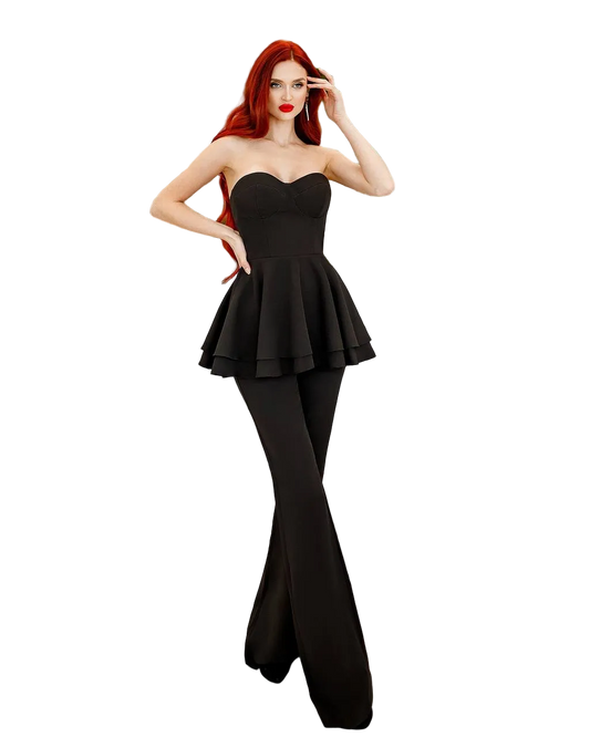 Black Strapless Peplum Top and Flared Trousers Suit Crepe Diagonal
