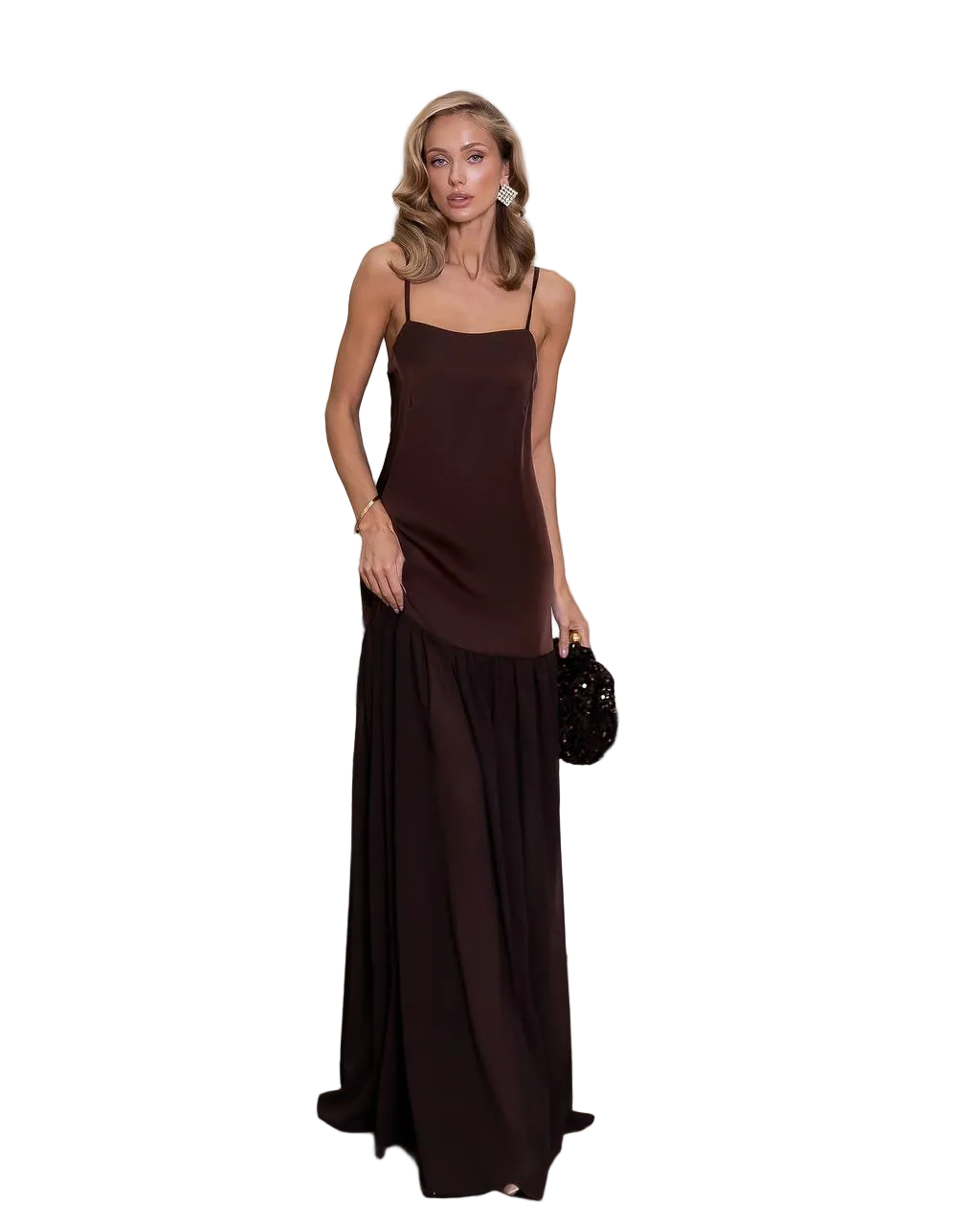 Chocolate Satin and Windy Chiffon Evening Slip Gown