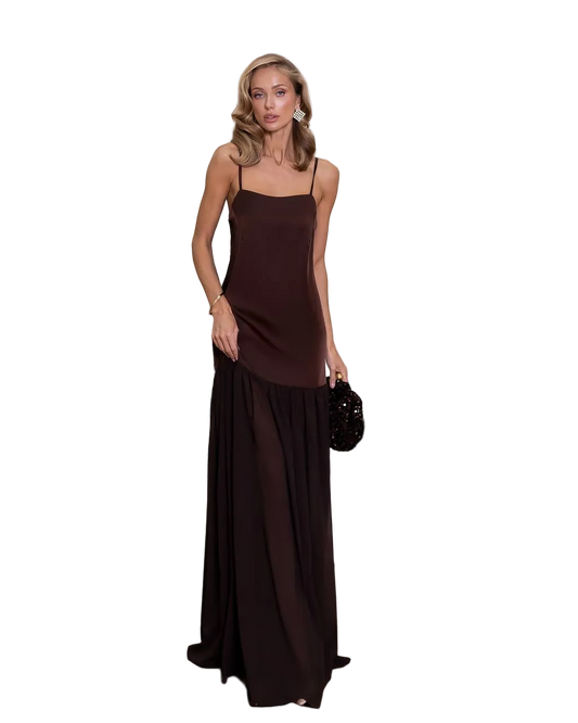 Chocolate Satin and Windy Chiffon Evening Slip Gown
