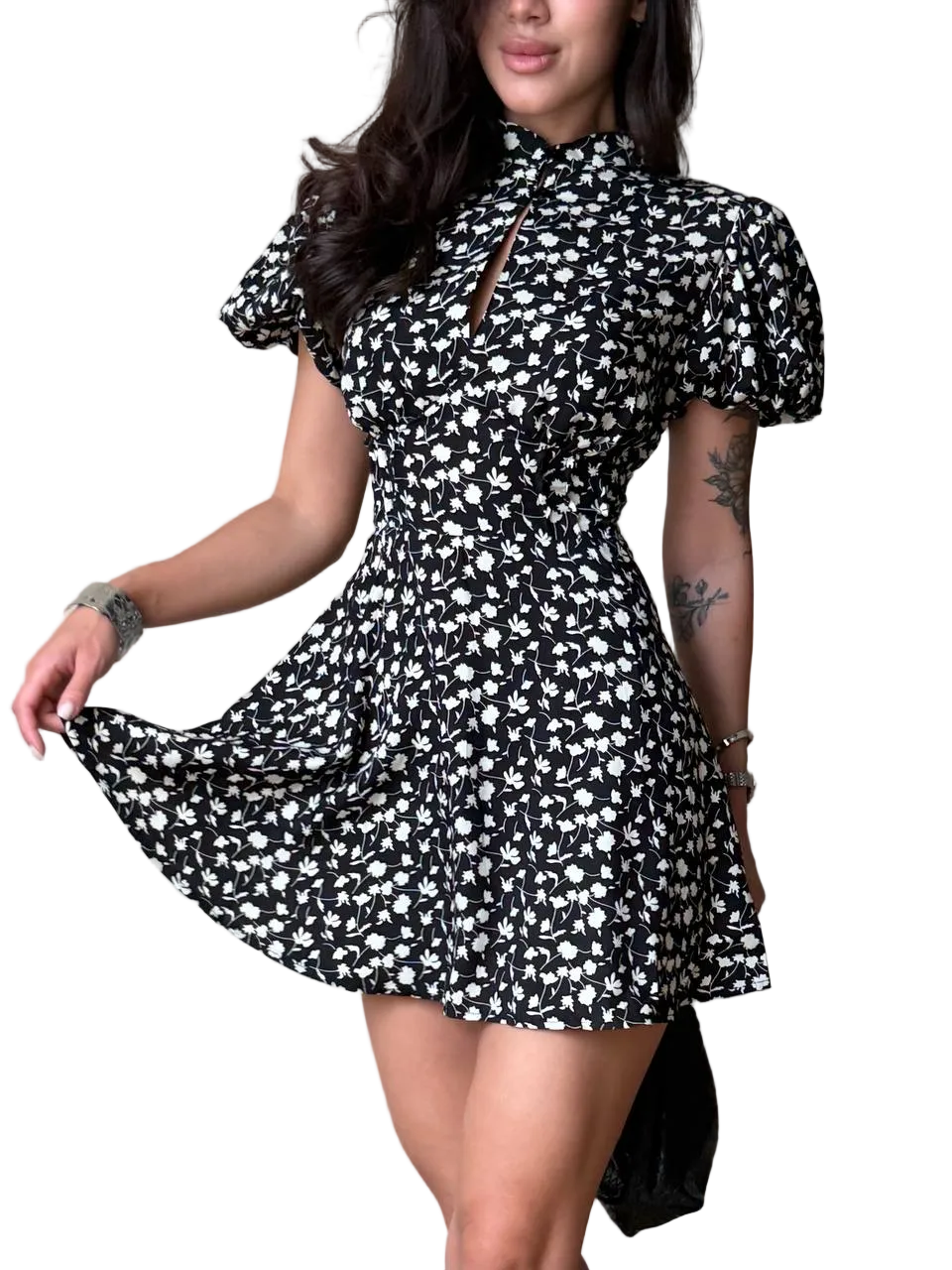 Black Floral Fit and Flare Mini Dress with High Stand Collar and Keyhole Neckline