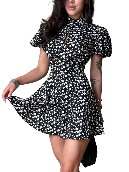 Black Floral Fit and Flare Mini Dress with High Stand Collar and Keyhole Neckline