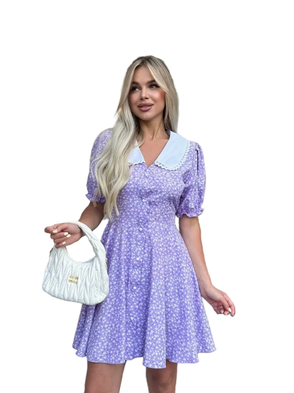 Lavender Floral Summer Dress Peter Pan Collar Button Front Lightweight Super Soft