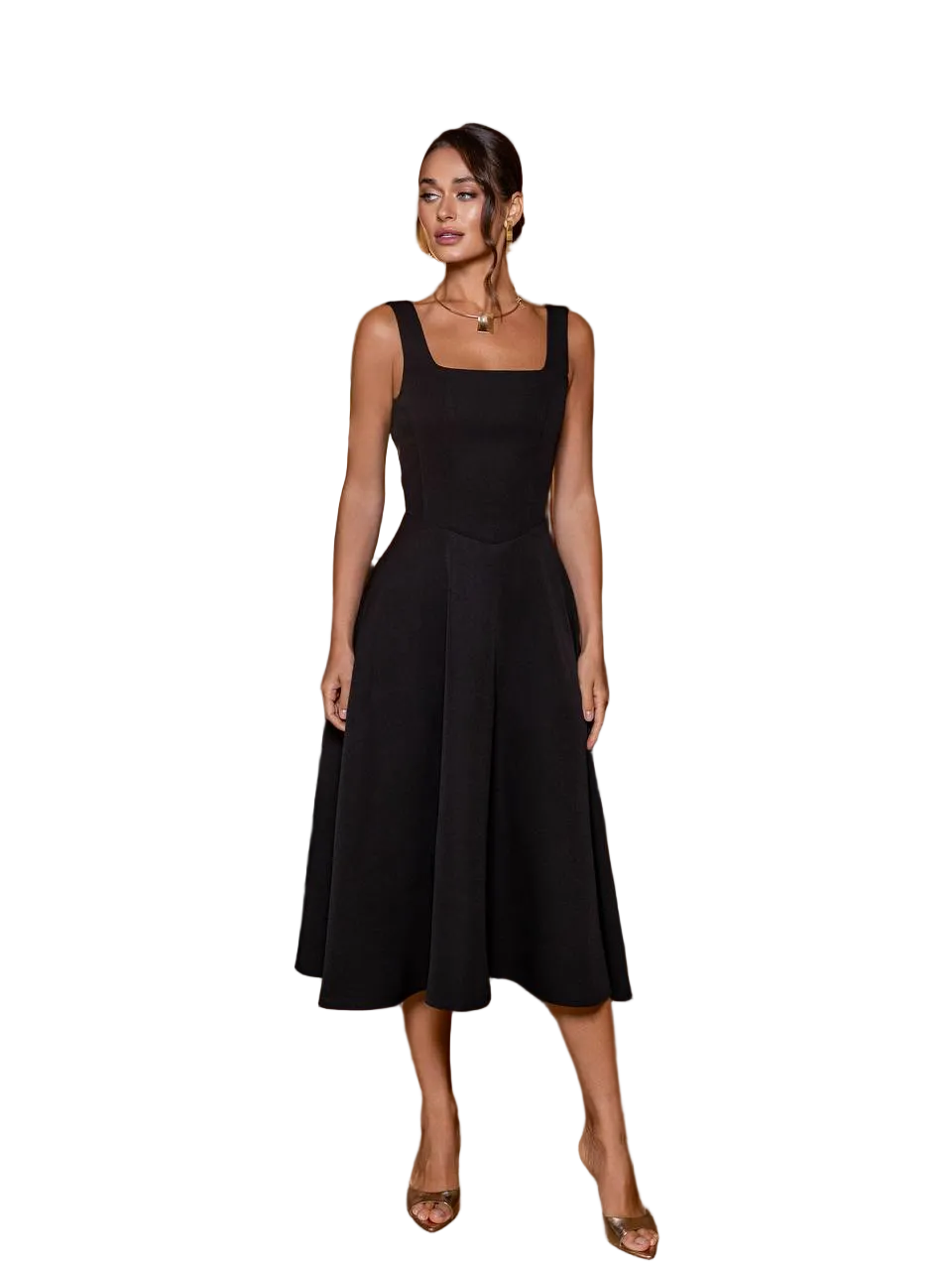 Black Diagonal Crepe Midi Dress Square Neck Sleeveless Fit and Flare