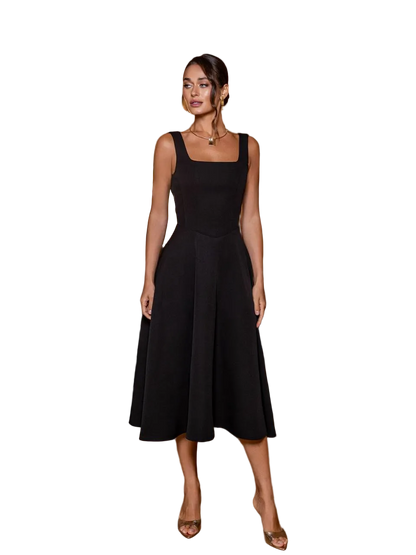 Black Diagonal Crepe Midi Dress Square Neck Sleeveless Fit and Flare