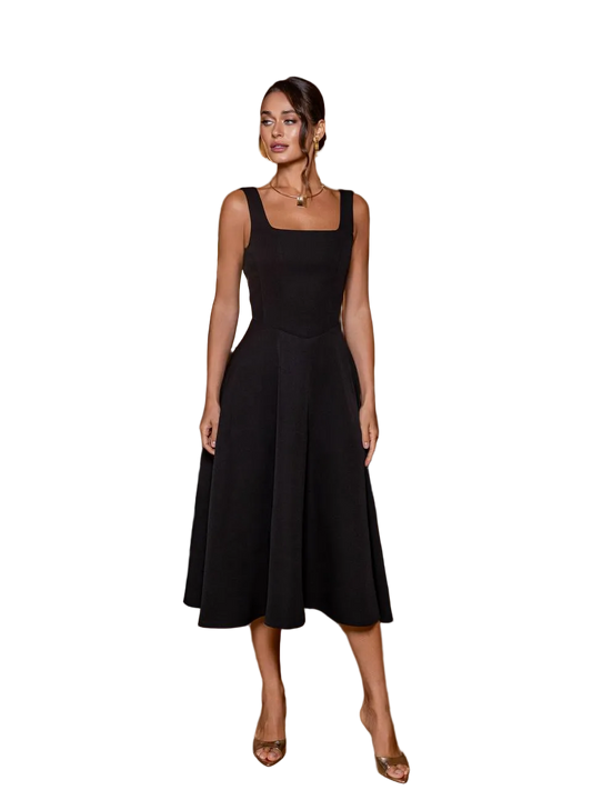 Black Diagonal Crepe Midi Dress Square Neck Sleeveless Fit and Flare