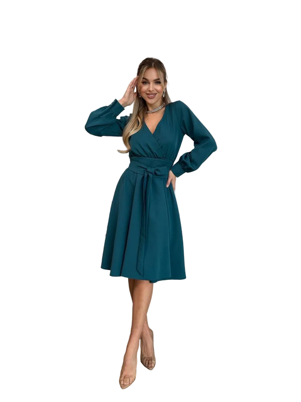 Teal Wrap V Neck Belted A Line Dress Long Sleeve Elegant