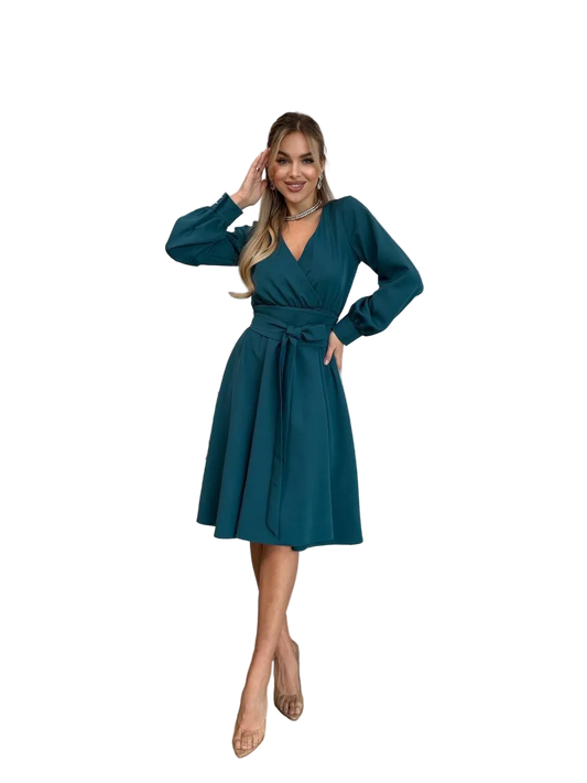 Teal Wrap V Neck Belted A Line Dress Long Sleeve Elegant