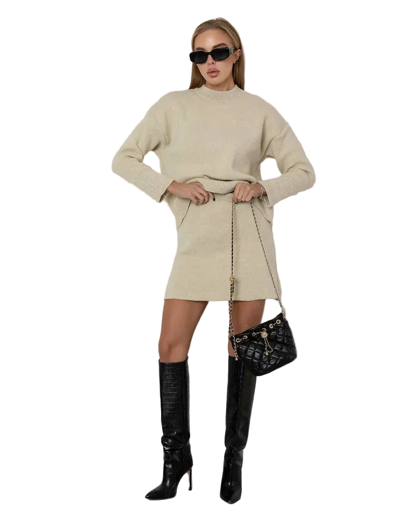 Beige Wool Blend Knit Sweater and Skirt Set Womens Two Piece Knitwear