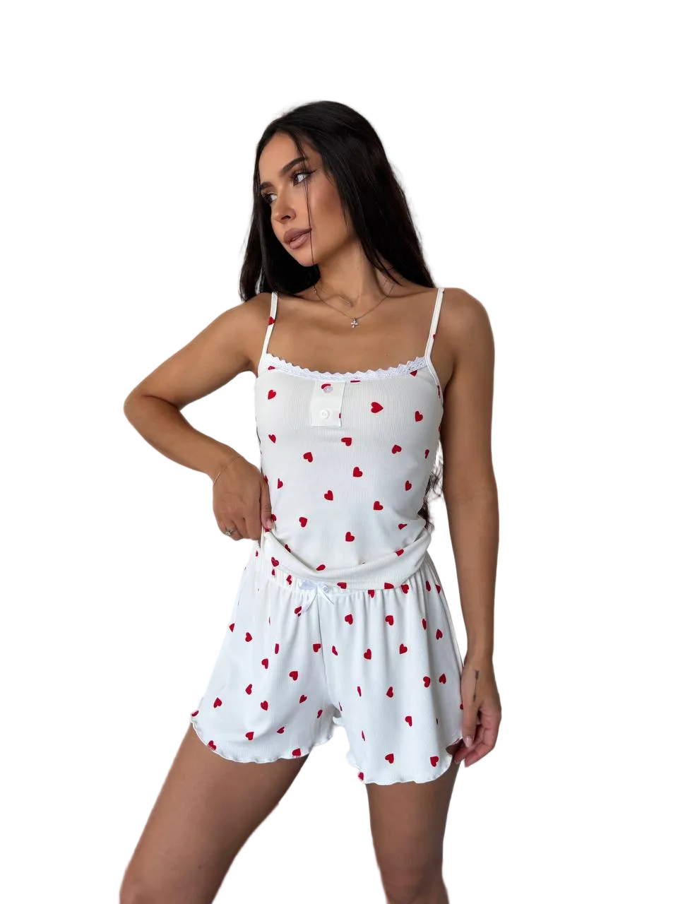 White Heart Print Cami And Shorts Pajama Set For Women