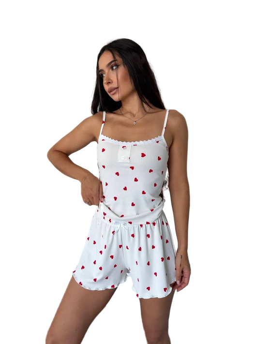 White Heart Print Cami And Shorts Pajama Set For Women