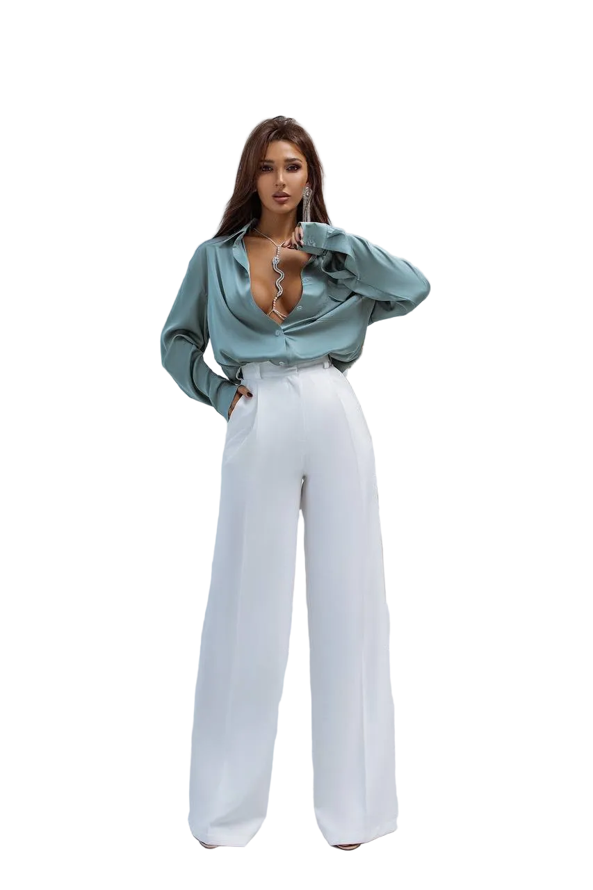 White High Waisted Palazzo Pants Diagonal Crepe Wide Leg for Women