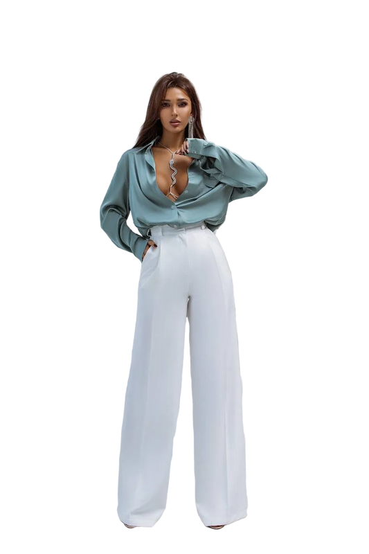 White High Waisted Palazzo Pants Diagonal Crepe Wide Leg for Women
