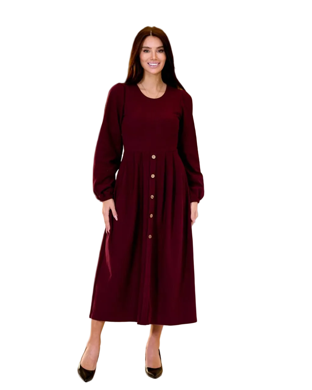 Burgundy Midi Dress Long Sleeve Button Front Stretch Knit Dress