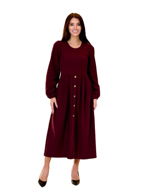 Burgundy Midi Dress Long Sleeve Button Front Stretch Knit Dress