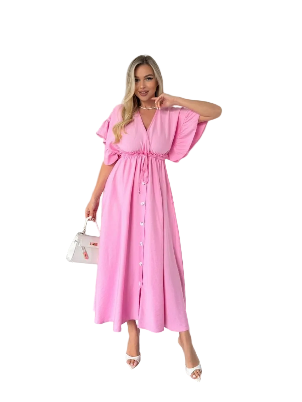 Pink Linen Boho Maxi Dress Drawstring Waist Pockets Button Front