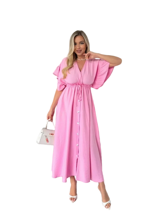 Pink Linen Boho Maxi Dress Drawstring Waist Pockets Button Front