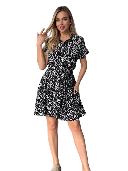 Black Polka Dot Belted Shirt Dress Women Lightweight Shtapel