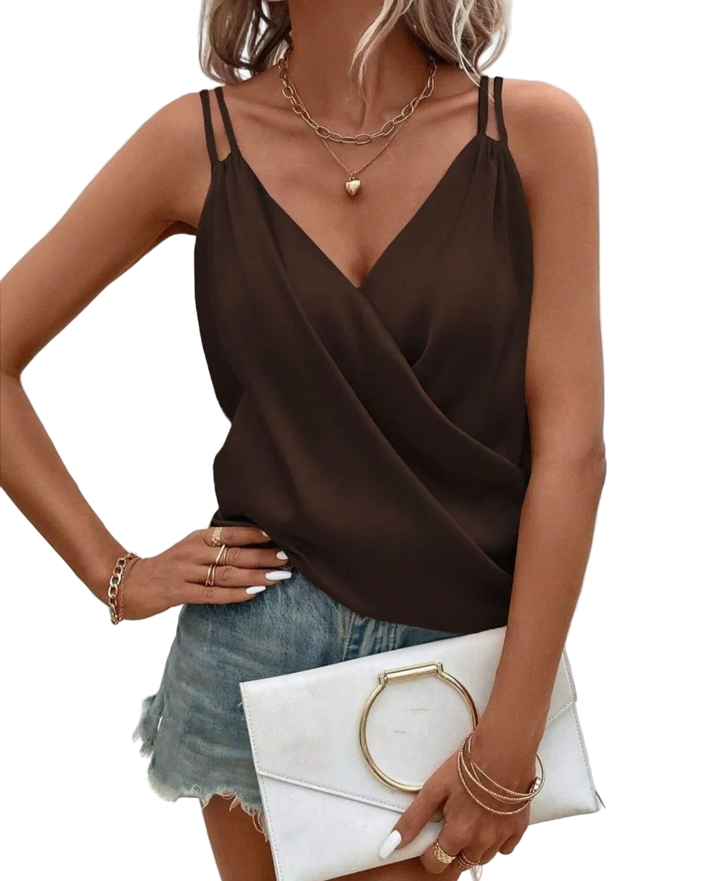 Women Italian Silk Cami Top Brown Draped Wrap Front Double Strap Summer Tank