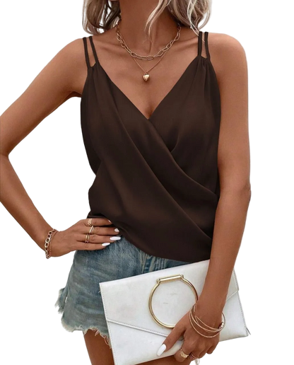 Women Italian Silk Cami Top Brown Draped Wrap Front Double Strap Summer Tank