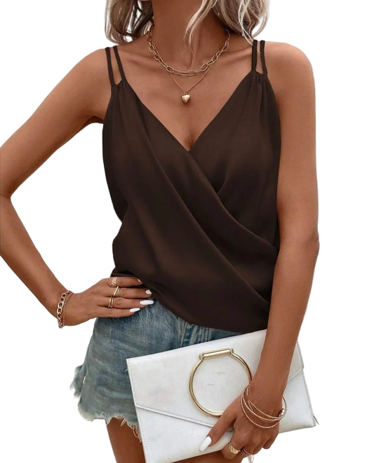Women Italian Silk Cami Top Brown Draped Wrap Front Double Strap Summer Tank