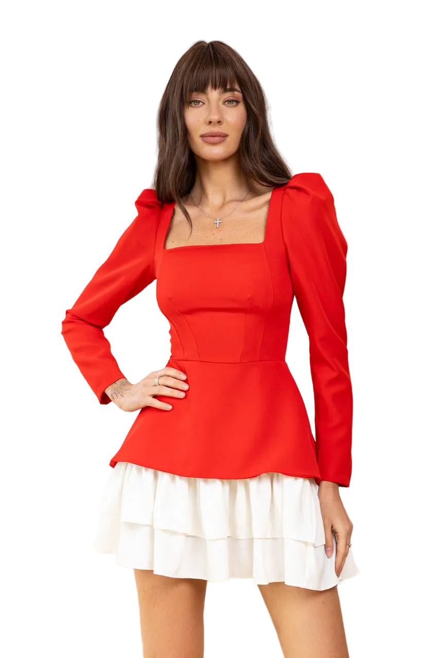 Red Peplum Dress with White Layered Skirt Diagonal Crepe Square Neck Puff Sleeve