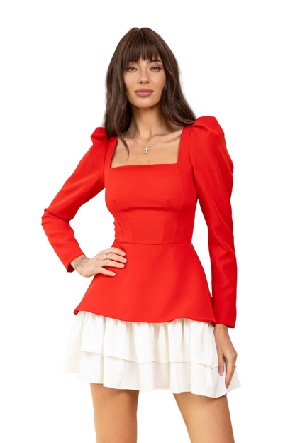 Red Peplum Dress with White Layered Skirt Diagonal Crepe Square Neck Puff Sleeve