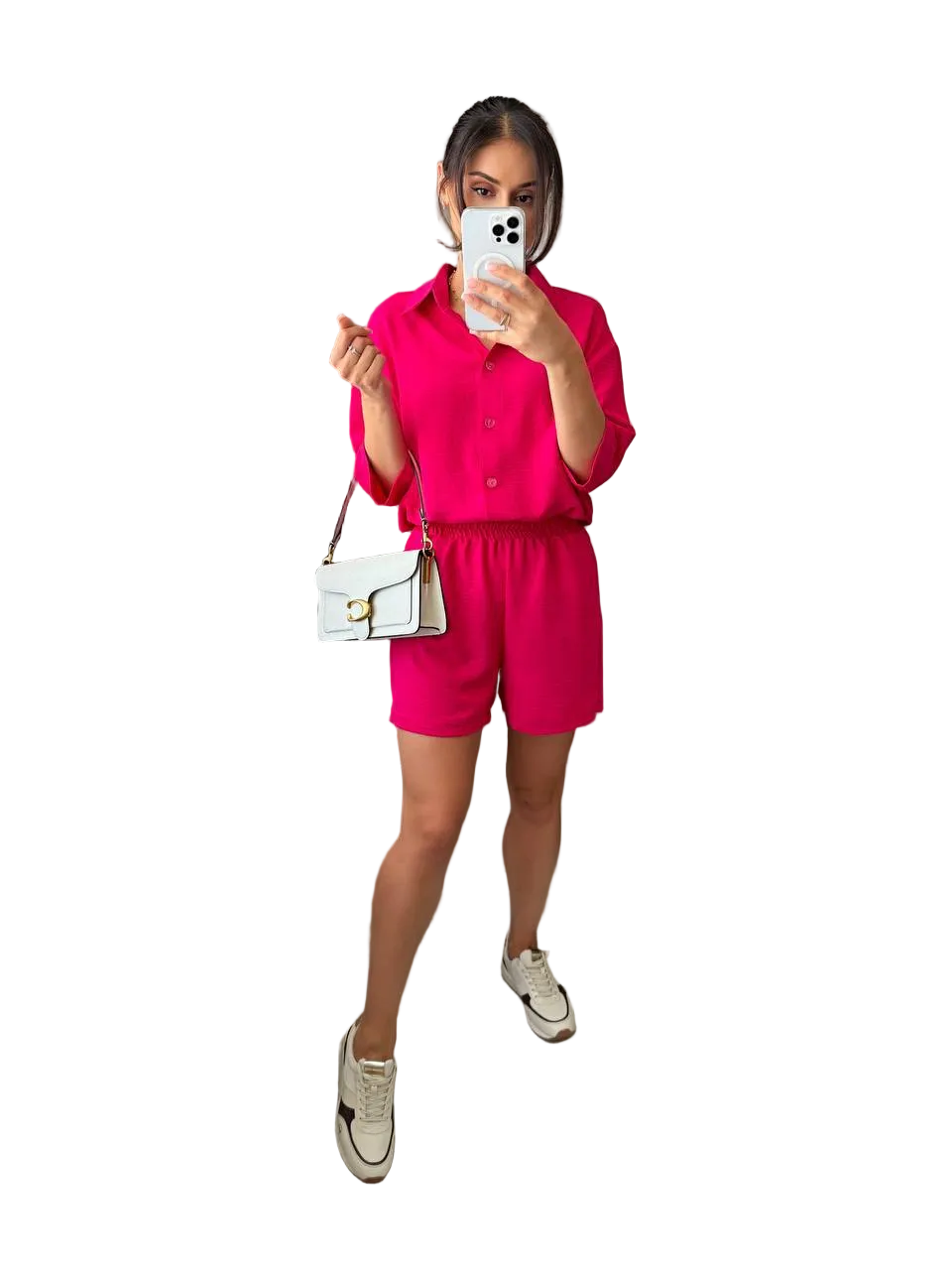 Womens Three Piece Crepe Suit Hot Pink Shirt Shorts Tank Set