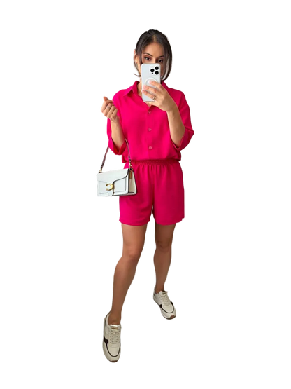 Womens Three Piece Crepe Suit Hot Pink Shirt Shorts Tank Set