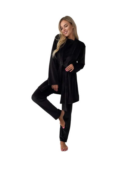 Womens Black 3 Piece Stretch Pajama Set with Robe