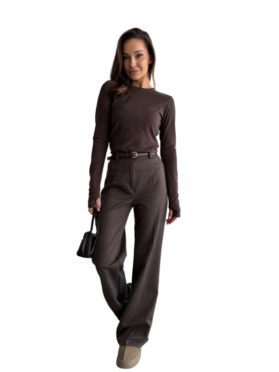 Women High Waist Wool Stretch Flared Trousers Brown