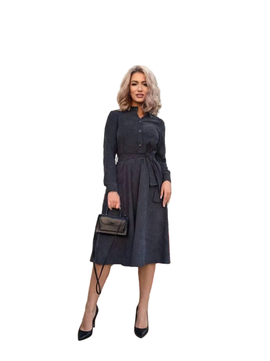 Charcoal Microvelvet Belted Midi Dress Long Sleeve Button Front