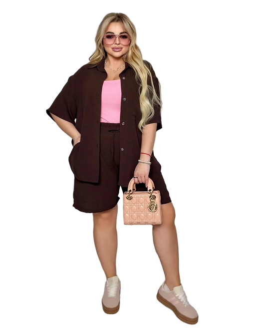 Plus Size Crepe Soft Button Shirt And High Waist Shorts Set Chocolate