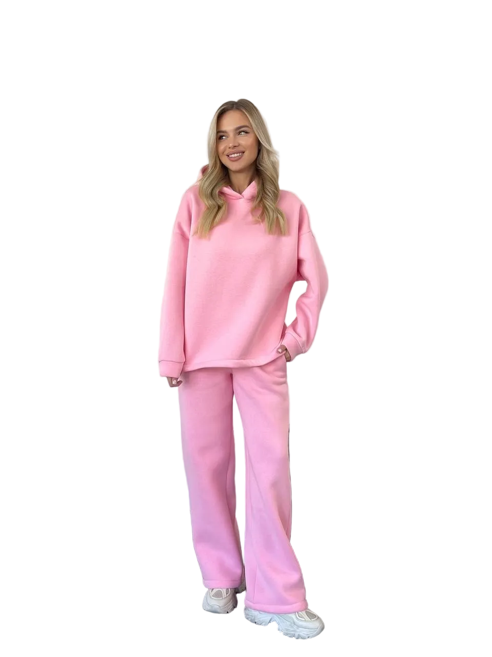 Pink Fleece Tracksuit Women Hooded Sweatshirt Wide Leg Pants Cotton Blend Loungewear