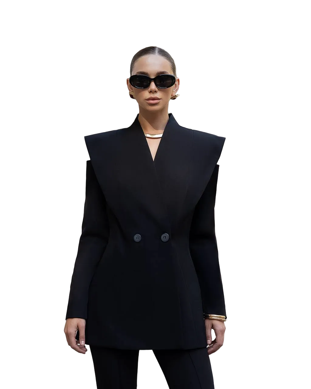 Black Womens Longline Double Breasted Blazer With Structured Shoulders