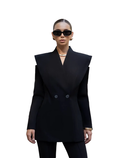 Black Womens Longline Double Breasted Blazer With Structured Shoulders