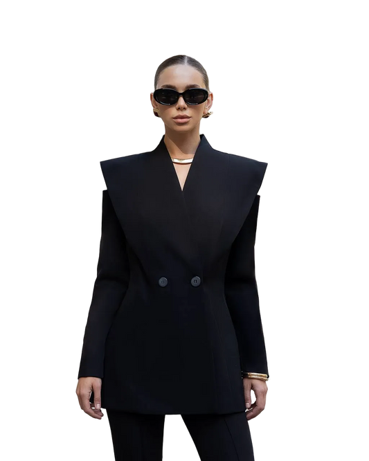 Black Womens Longline Double Breasted Blazer With Structured Shoulders