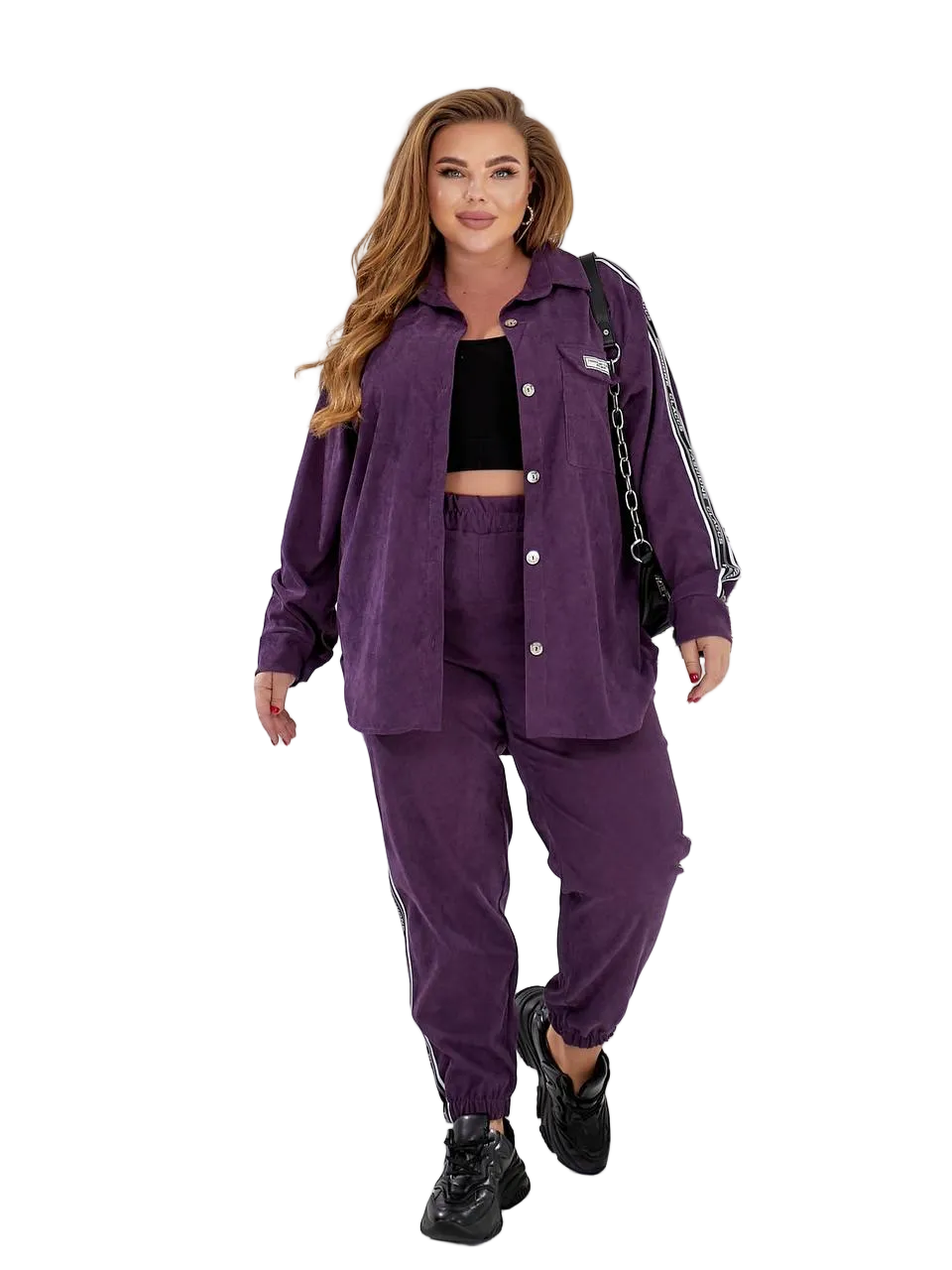 Purple Women Two Piece Tracksuit Oversized Button Shirt Jogger Pants