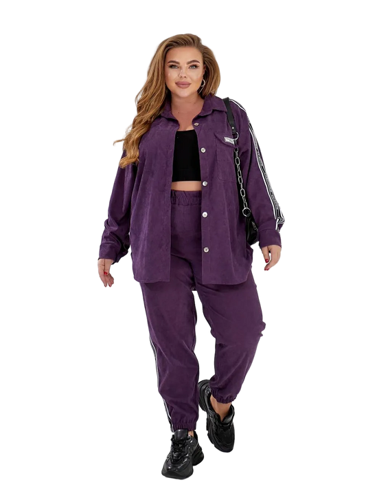 Purple Women Two Piece Tracksuit Oversized Button Shirt Jogger Pants