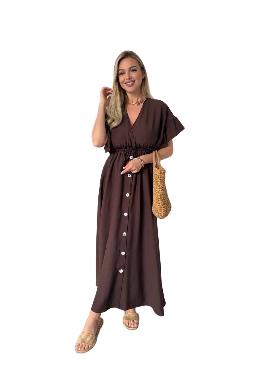 Brown Linen Boho Maxi Dress Button Front Pockets Adjustable Waist
