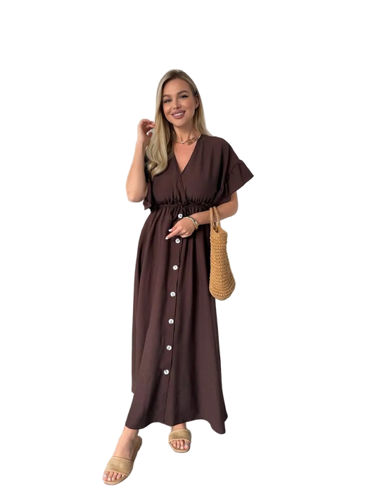 Brown Linen Boho Maxi Dress Button Front Pockets Adjustable Waist