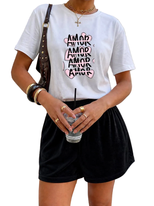 Women Summer Two Piece Set White Graphic Cotton Tee Black Velour Shorts Casual Loungewear