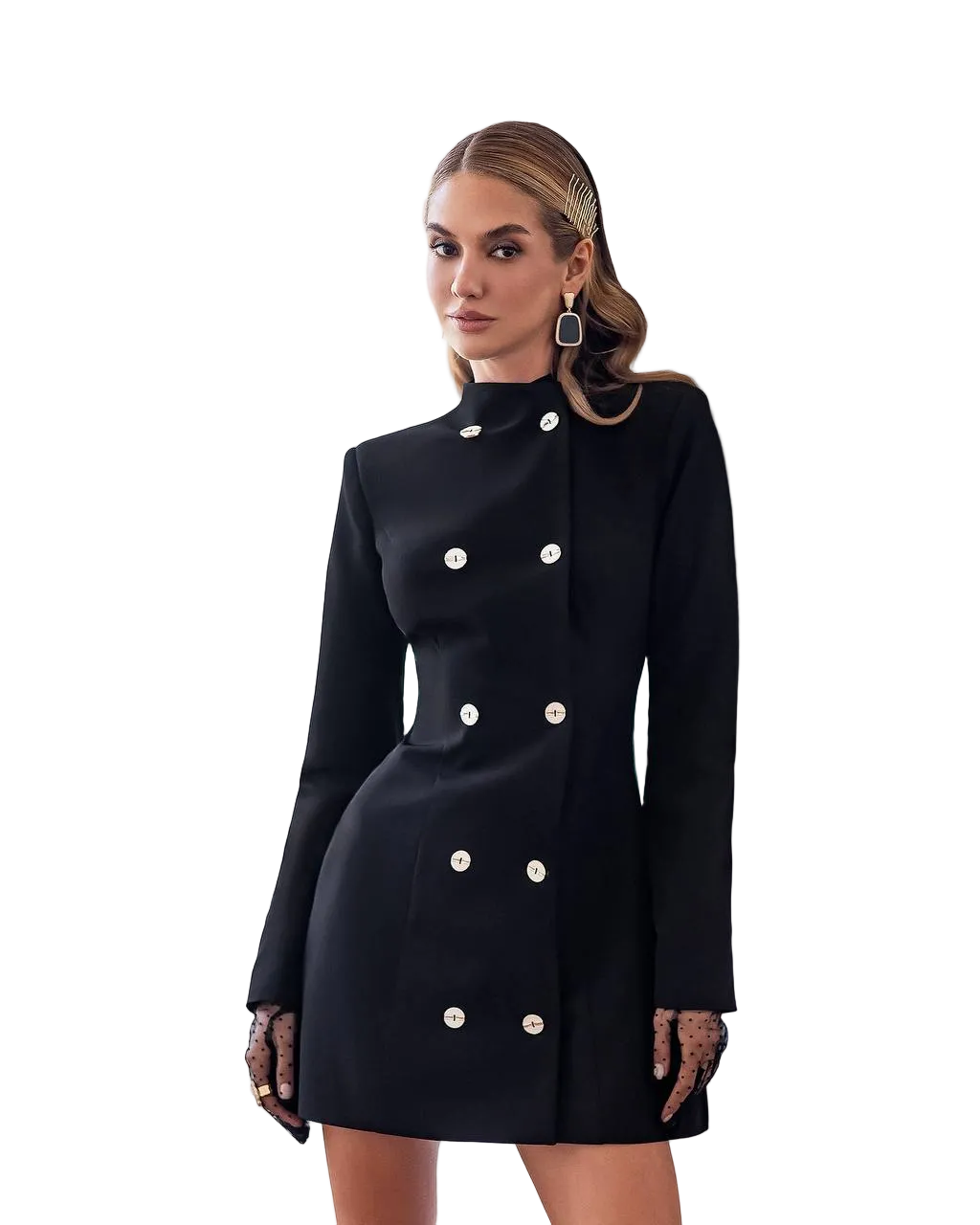 Black Double Breasted Blazer Dress Premium Diagonal Crepe
