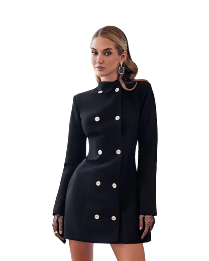 Black Double Breasted Blazer Dress Premium Diagonal Crepe