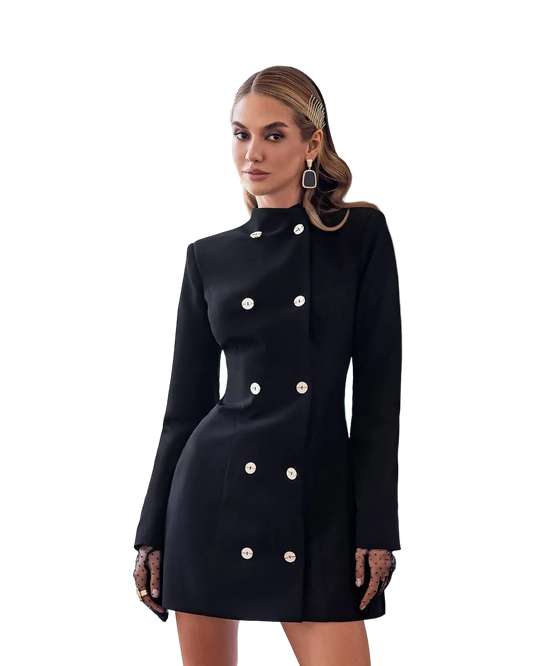 Black Double Breasted Blazer Dress Premium Diagonal Crepe