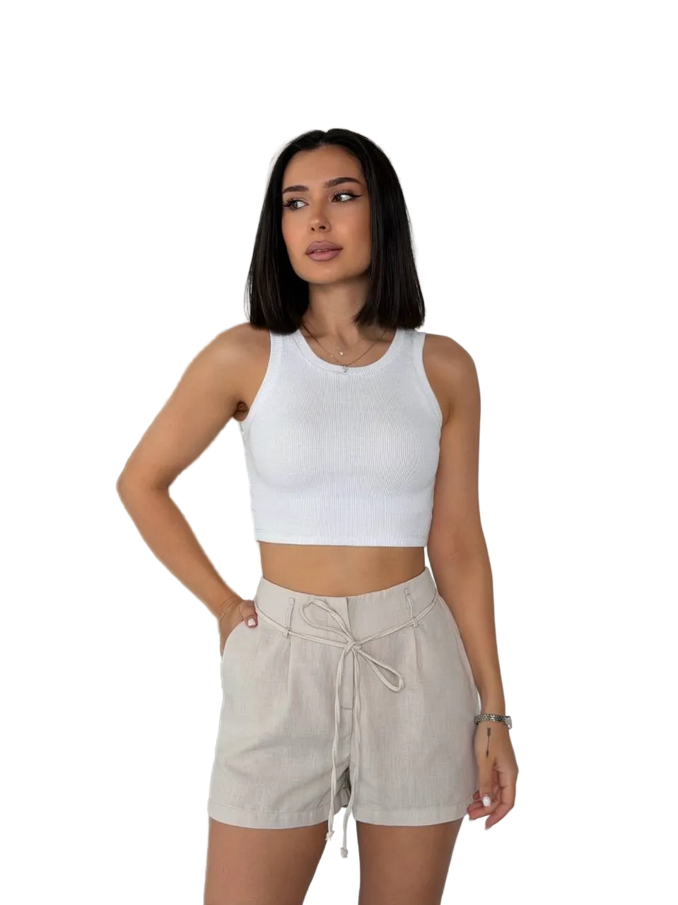 Women Linen Drawstring Shorts Beige Relaxed Fit Side Pockets