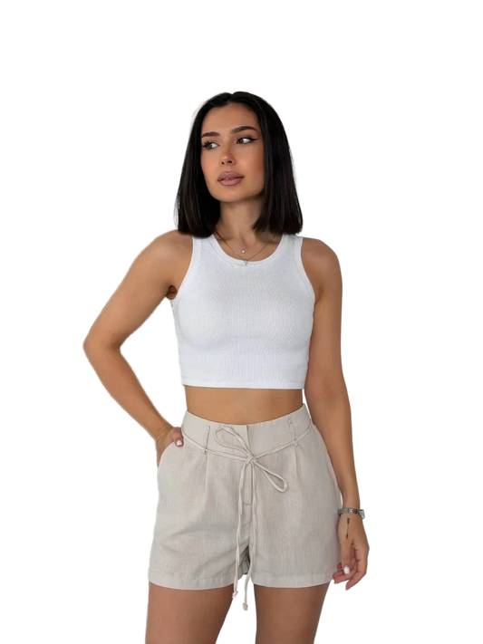 Women Linen Drawstring Shorts Beige Relaxed Fit Side Pockets
