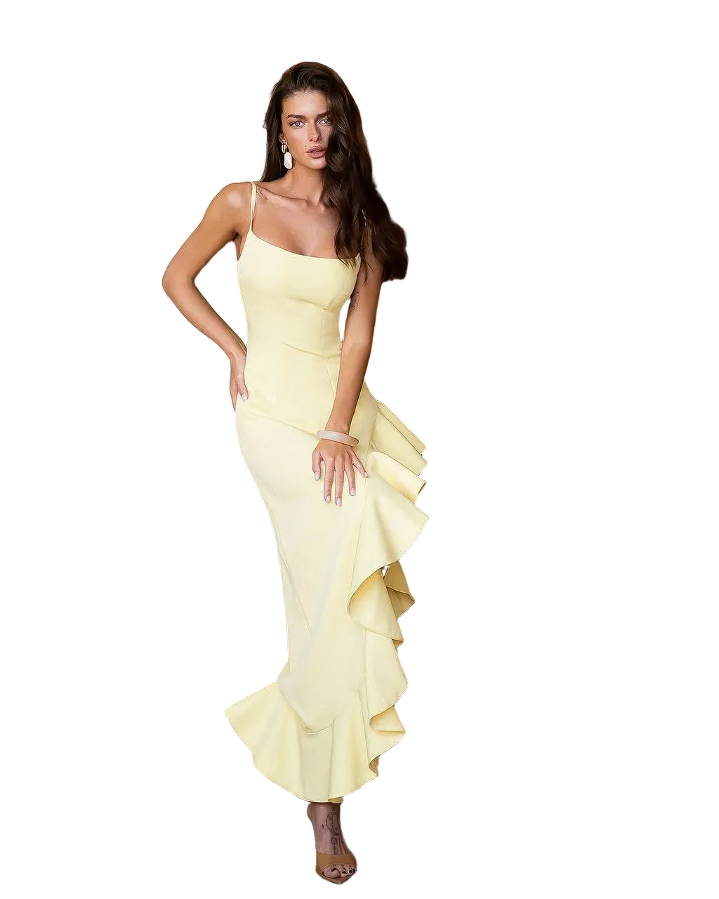Pale Yellow Suit Crepe Diagonal Ruffle Evening Dress