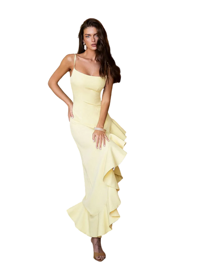Pale Yellow Suit Crepe Diagonal Ruffle Evening Dress