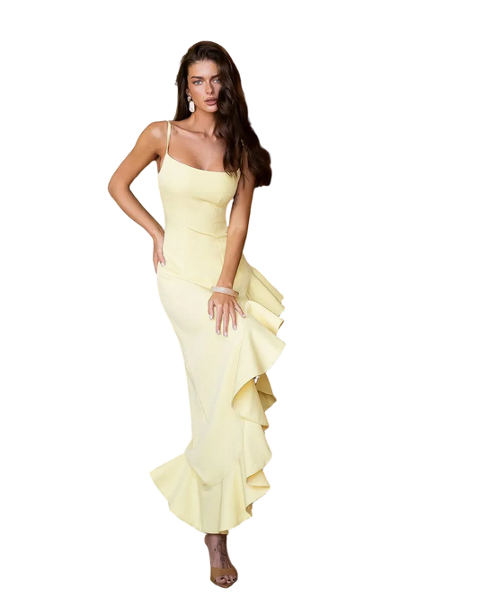 Pale Yellow Suit Crepe Diagonal Ruffle Evening Dress